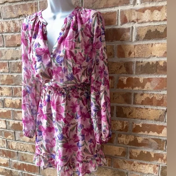 Greylin Floral Pink and Purple Long Sleeve Dress Medium - Picture 6 of 11